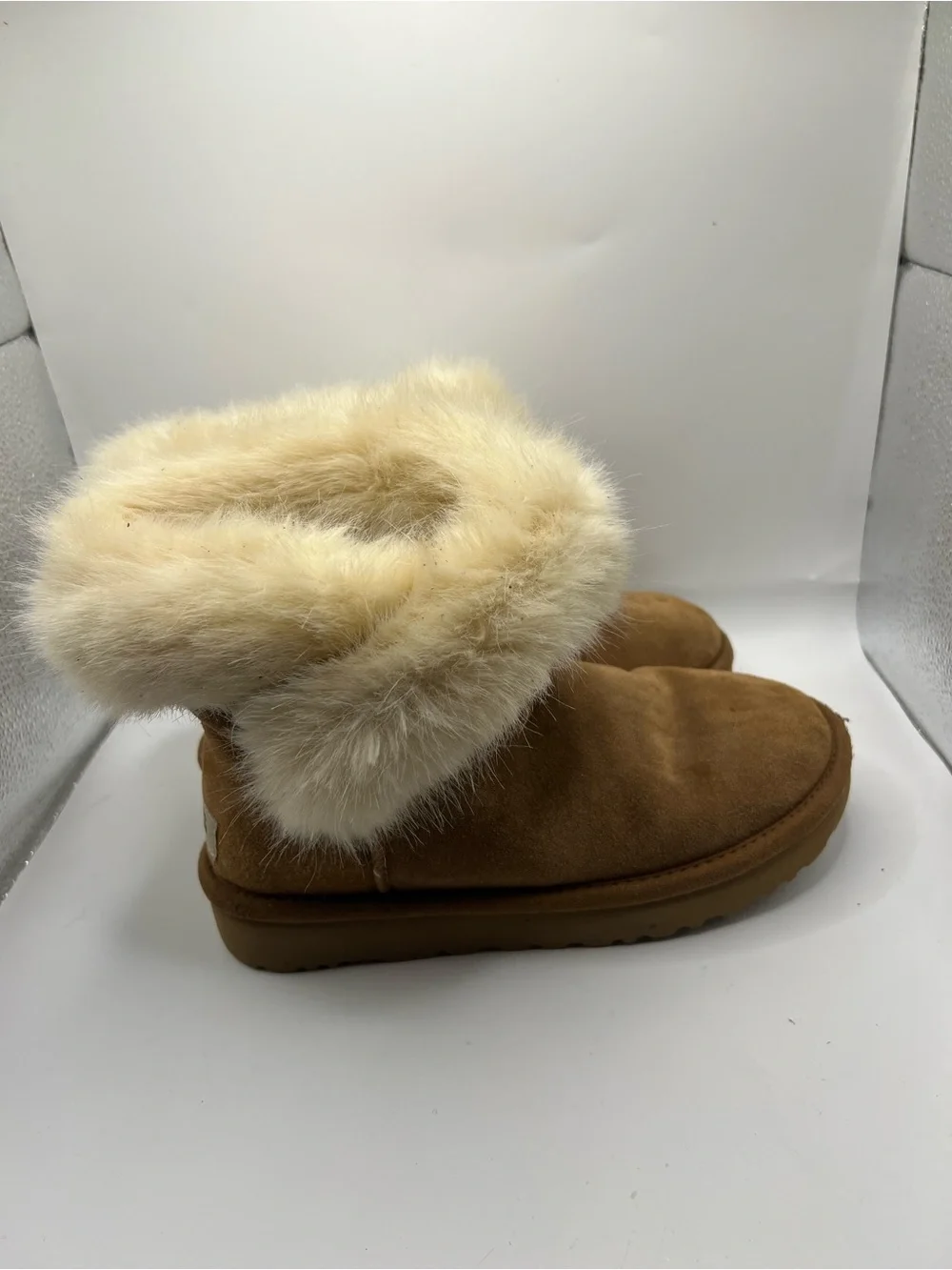 UGG Chestnut Suede Ankle Boots with Cream Faux Fur Cuff